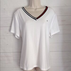 Tommy Hilfiger Size XL  Women's White V-Neck Tee with Red and Black Trim